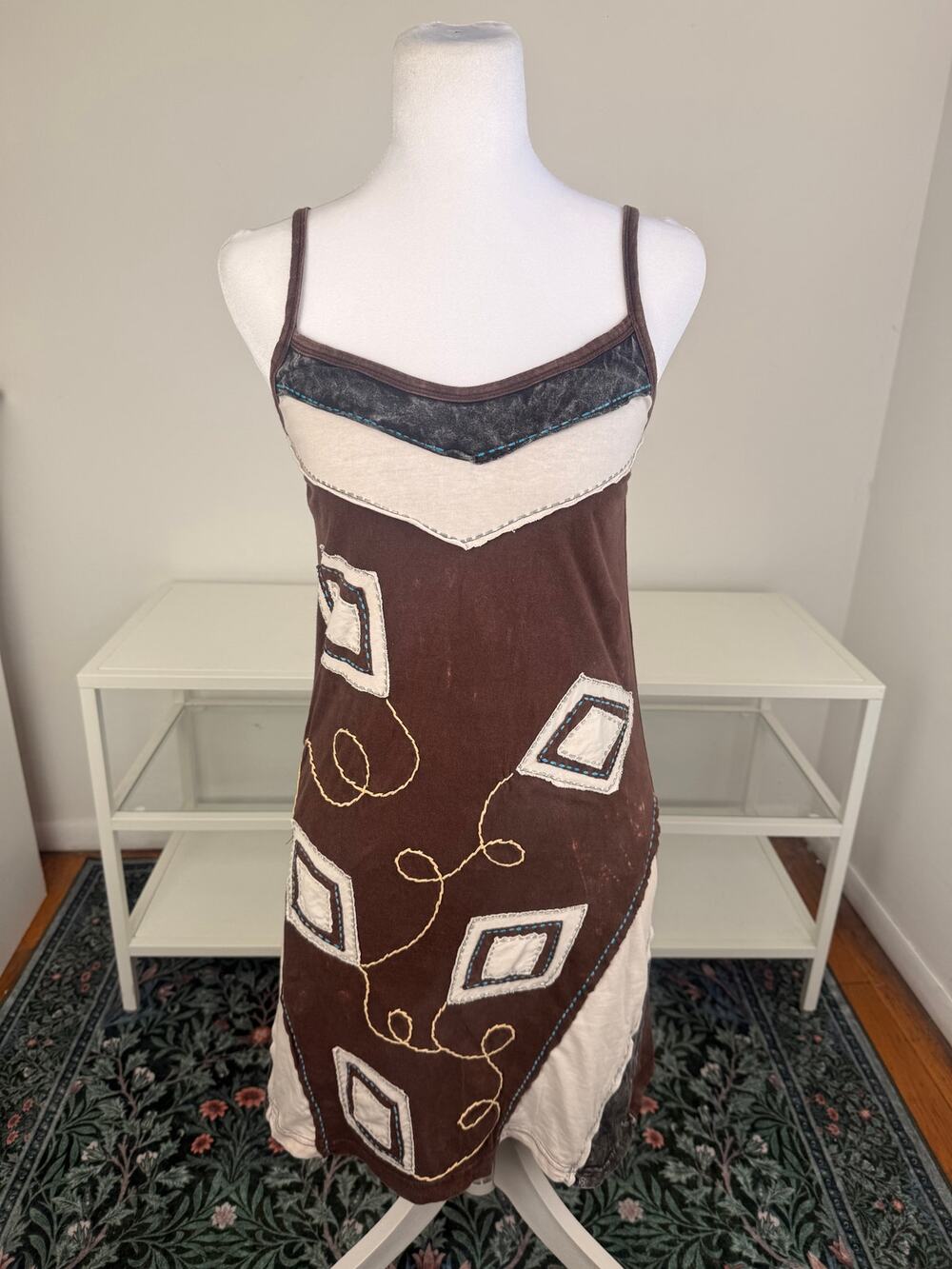 Gypsy Rose Womens Patchwork Embroidered Boho Spaghetti Strap Brown Midi Dress